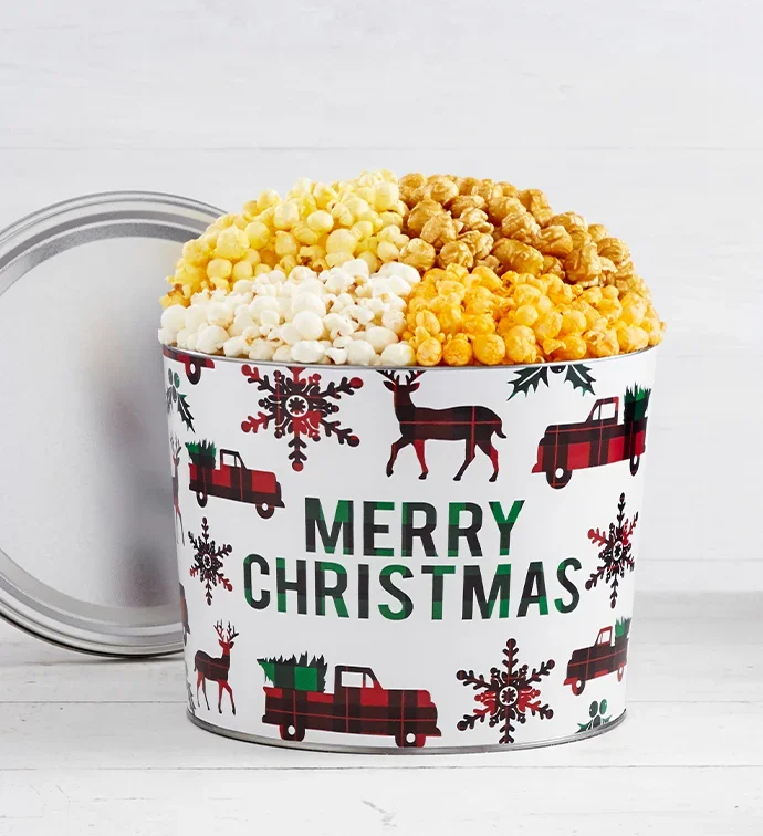 Merry Christmas Plaid 2 Gallon 4 Flavor Popcorn Tin